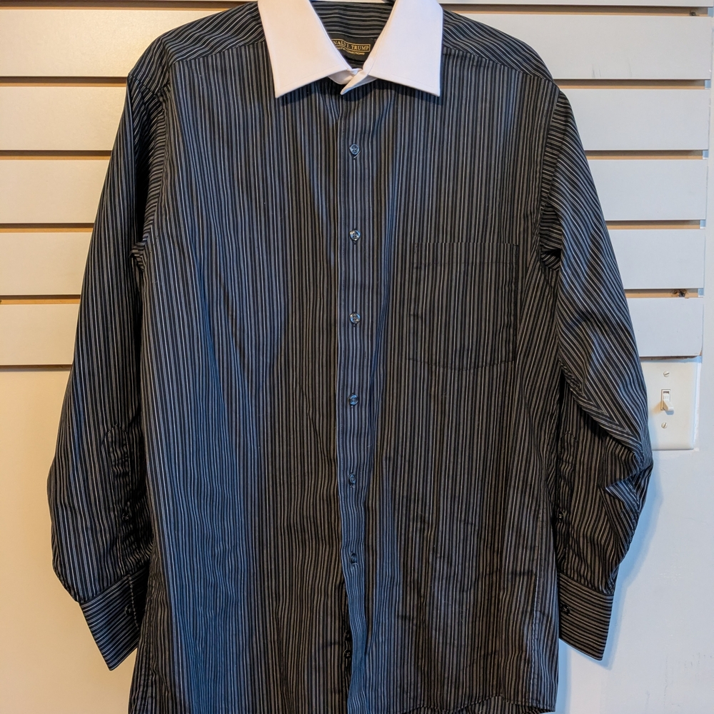 New Donald Trump Men's Black Pinstripe Dress Shirt with White Collar 16 32/33